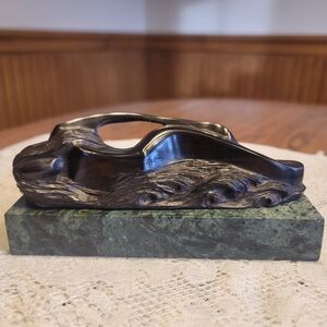 VTG MCM Ebony Wood Mermaid On Marble Sculpture Signed